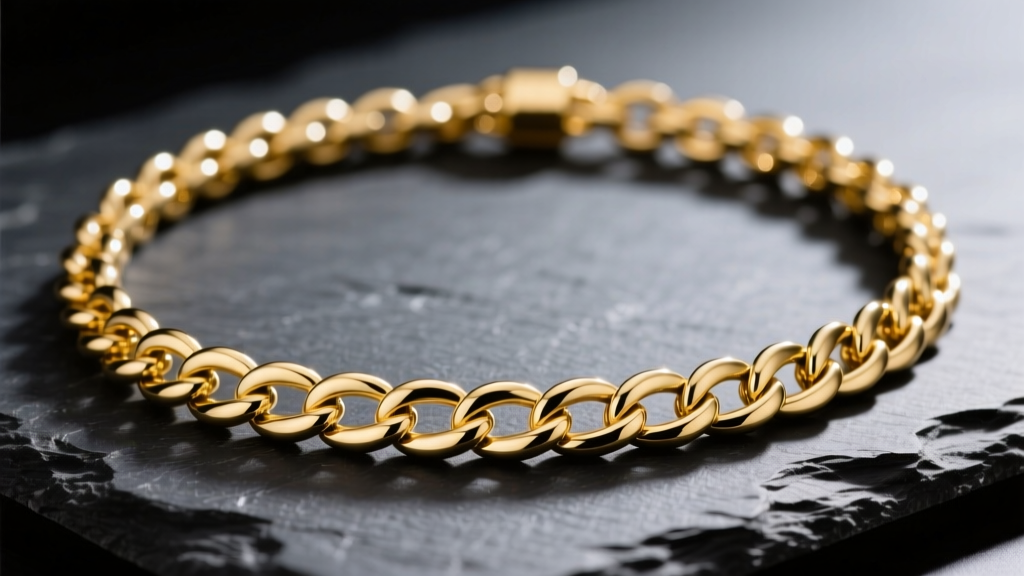 Macro shot of a thick 14k yellow gold belcher necklace with perfectly round, uniform interlocking links resting on dark slate.