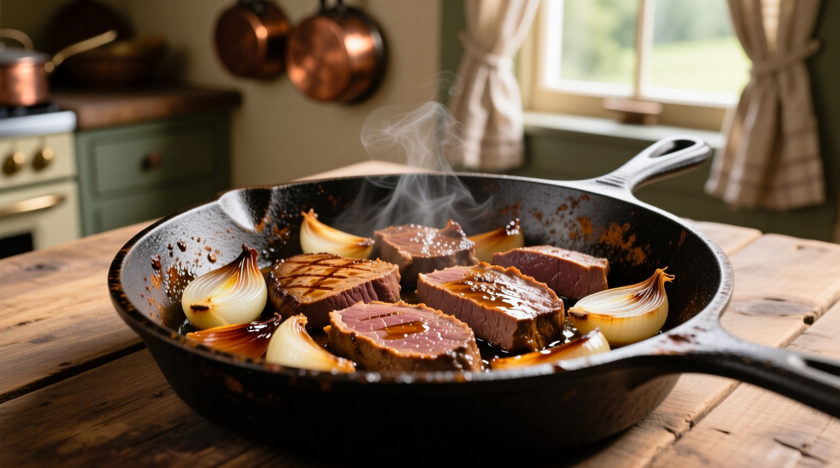 Perfectly cooked liver and onions in cast iron skillet