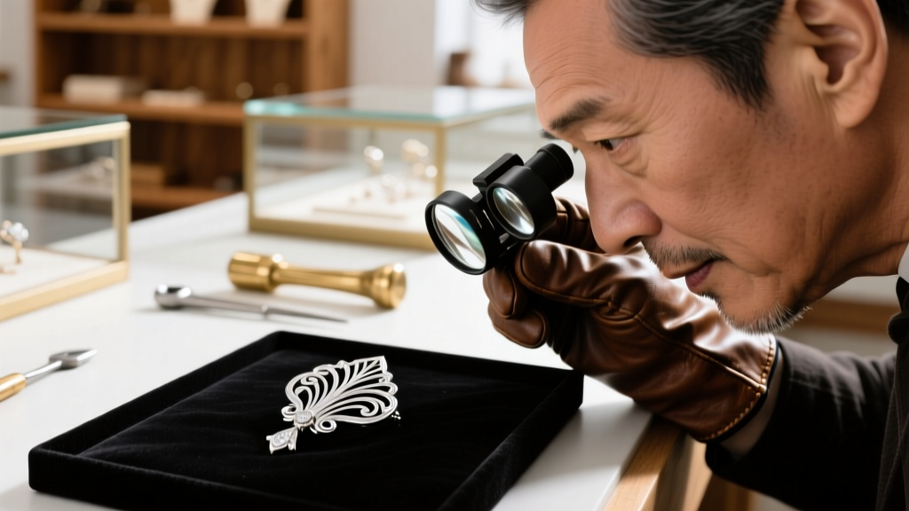 Jeweler holding a 10x triplet loupe to their eye, inspecting a vintage platinum brooch for assay marks in a brightly lit workshop.