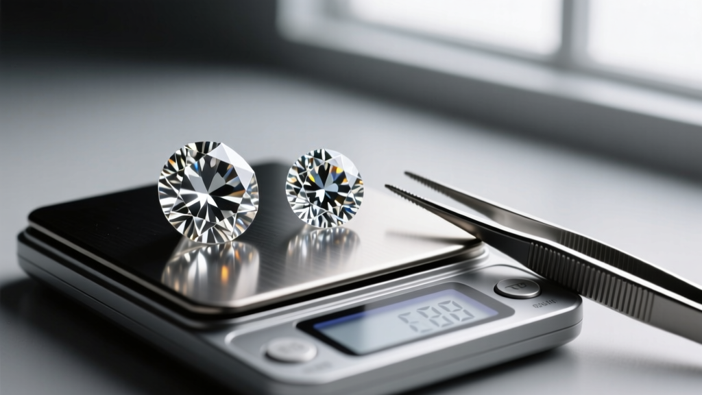 Side view of an Old Mine cut diamond and a Modern Round Brilliant resting on a digital gemological scale next to steel tweezers