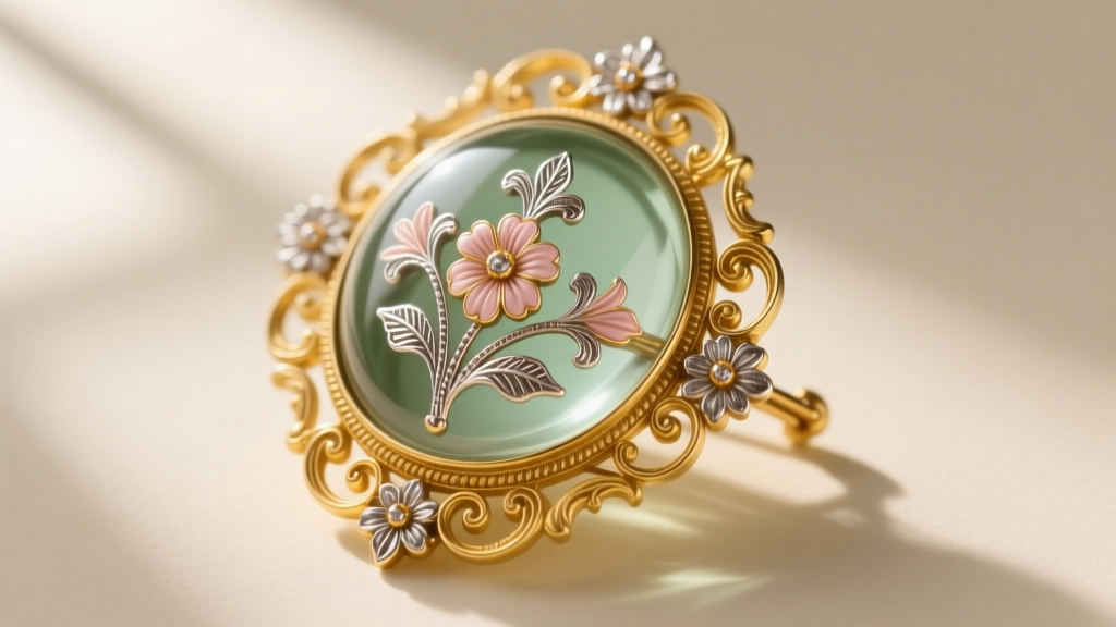 Close-up of a Victorian woven hair brooch with delicate floral palette work under glass, set in an ornate 15k yellow gold frame.