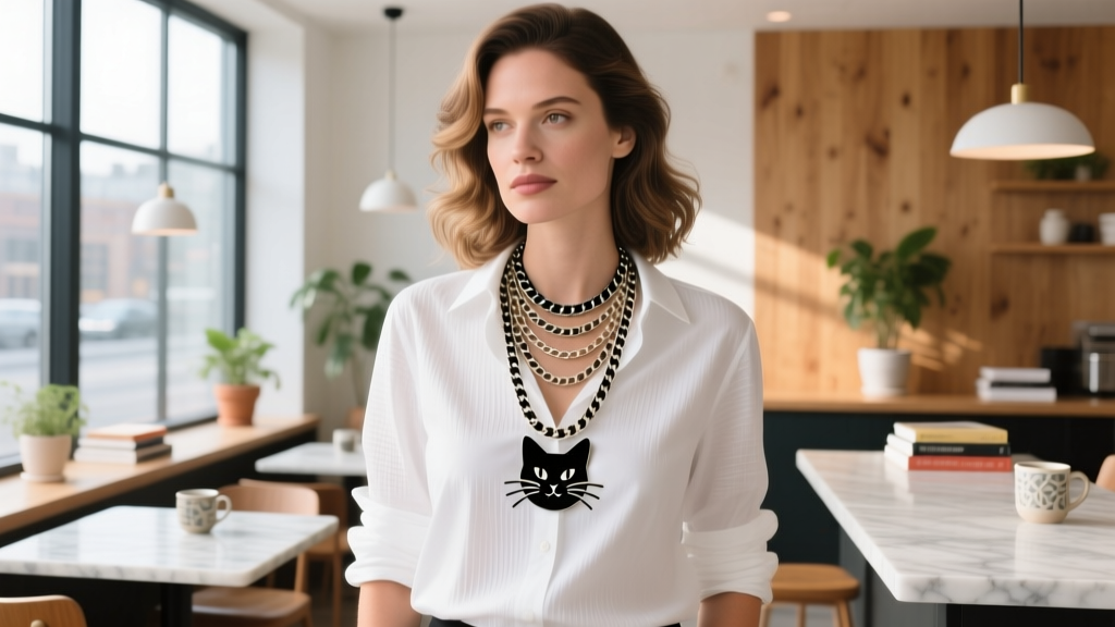 Woman wearing a layered Betsey Johnson black cat necklace over a crisp white button-down shirt in a bright modern cafe