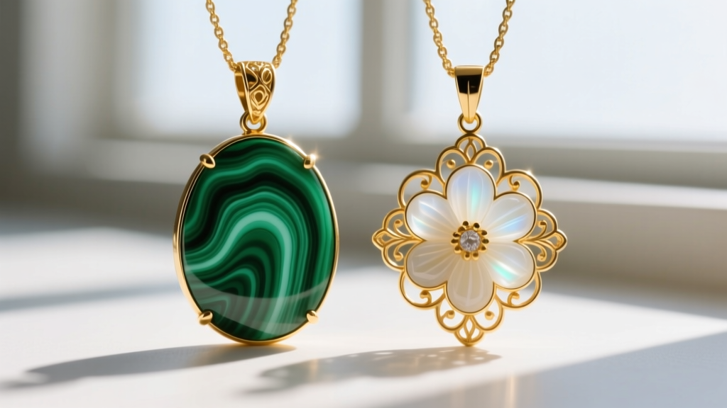 Macro comparison of malachite and chalcedony floral inlays on gold pendants, highlighting distinct banding and stone translucency