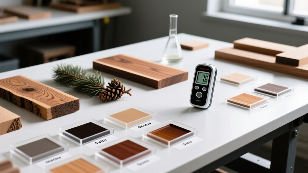 Macro view of oak, pine, and cedar wood grain patterns alongside chemical treatment swatches and a moisture meter on a workbench