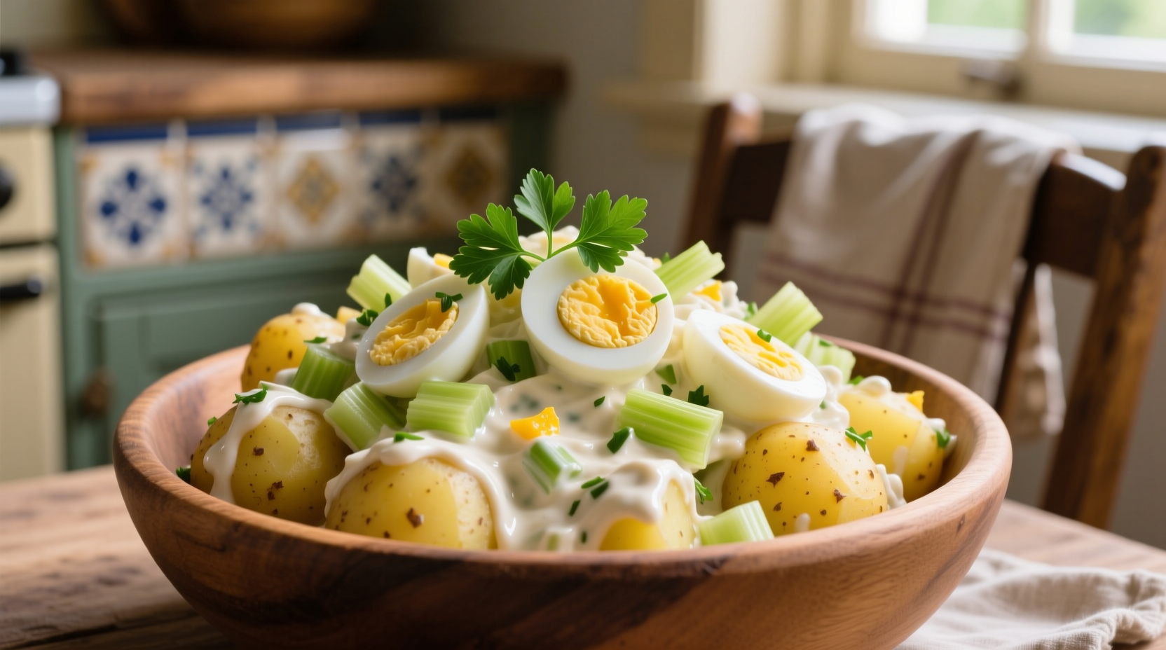 Creamy potato salad with chopped eggs and celery
