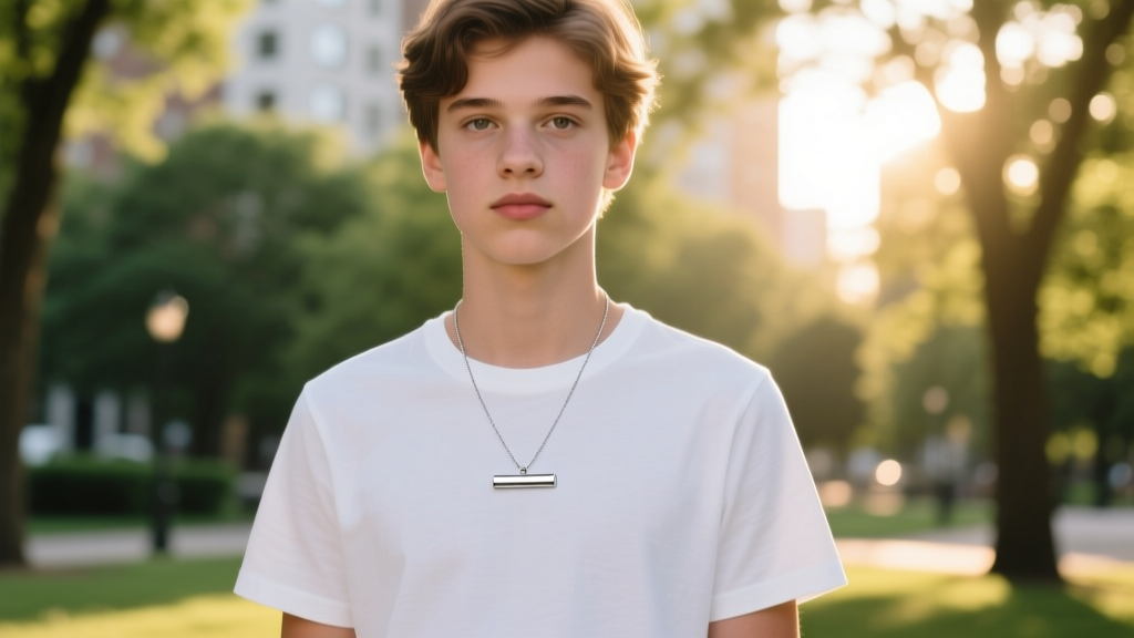 Teenager wearing a minimalist sterling silver bar pendant on a white t-shirt, natural outdoor sunlight, casual portrait style shot.