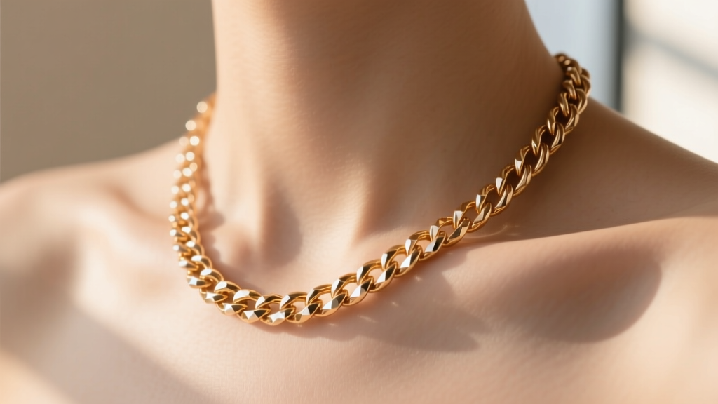 14k rose gold rope chain draped over a collarbone, catching soft light to emphasize the twisted metal texture and cut facets.