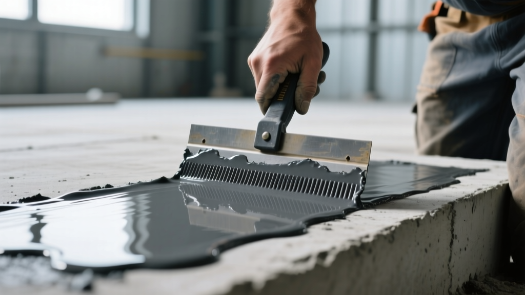Close-up of a contractor using a notched squeegee to apply a dark grey polyurethane liquid waterproof material over a primed concrete slab.