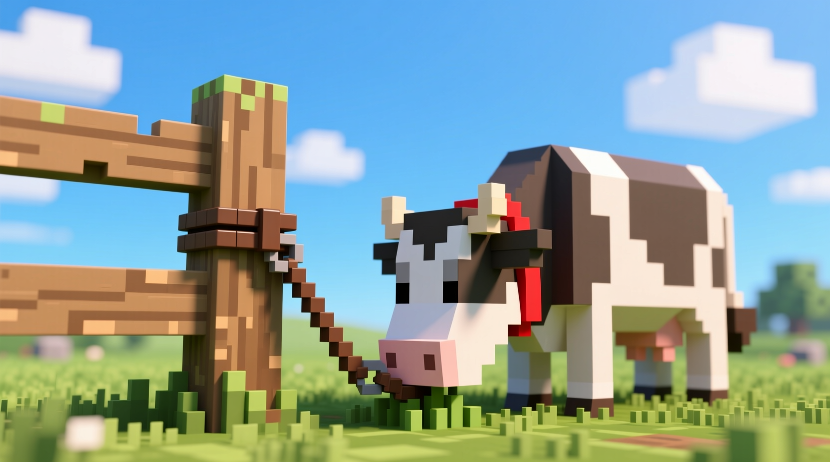 Minecraft lead item tied to fence post with cow