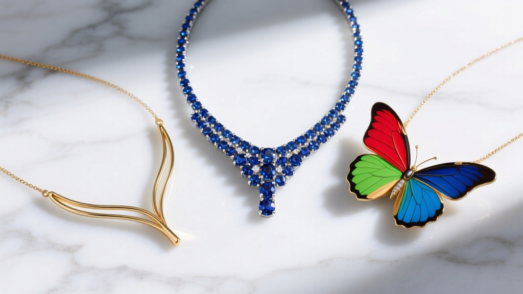 Flat lay of three butterfly necklaces on marble: a minimalist gold outline, a sapphire pavé piece, and bright enamel