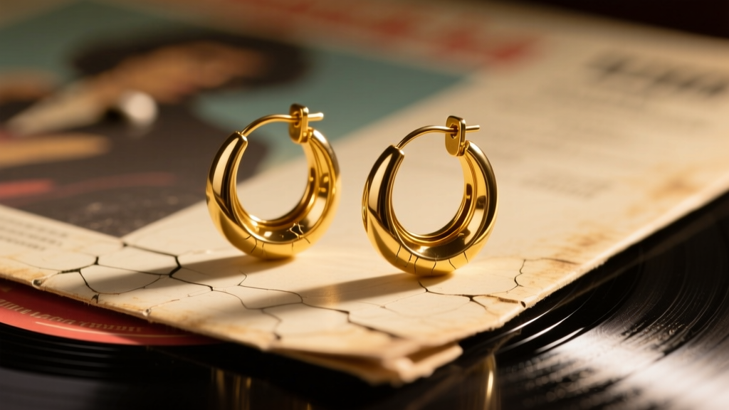 Close-up of vintage 1970s gold-plated hoop earrings resting on a worn vinyl record sleeve, warm moody lighting highlighting scratches