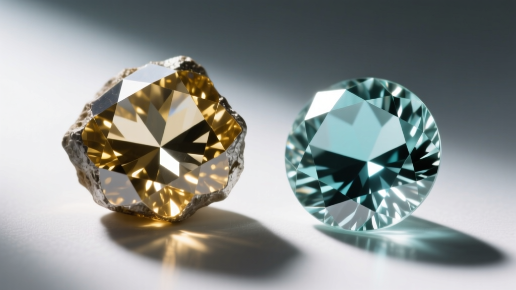Macro shot of a real uncut Polki diamond next to a synthetic glass Kundan stone, showing foil backing and color differences