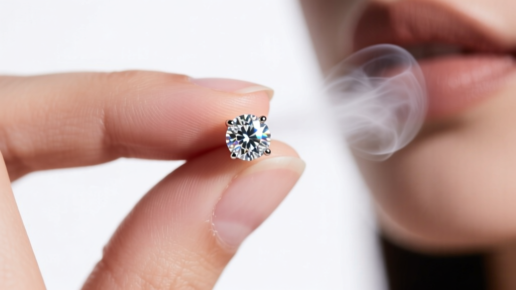 Close-up of a thumb and forefinger holding a diamond stud earring, performing a breath fog test under bright studio lighting.