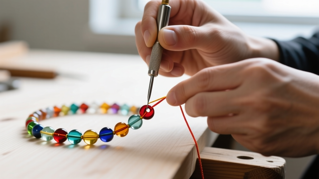 Jeweler hands using an awl to knot silk thread between glass beads of a multi color beads necklace on a clean wooden workbench top
