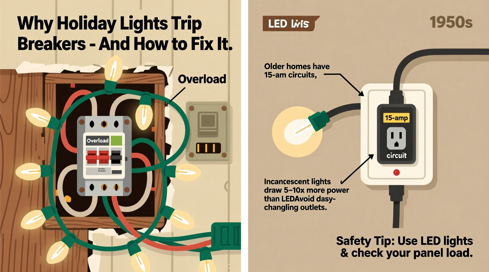 why do older homes trip breakers when adding christmas lights and how to stop it