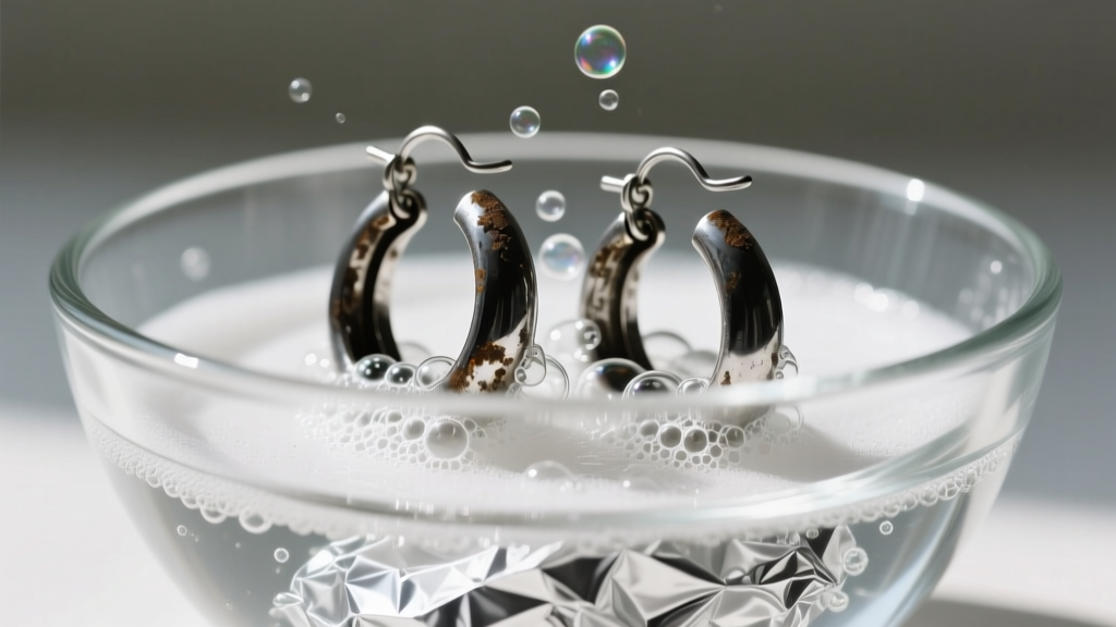 Tarnished silver hoops soaking in a glass bowl with baking soda and foil, showing active bubbling on the dark metal surface.