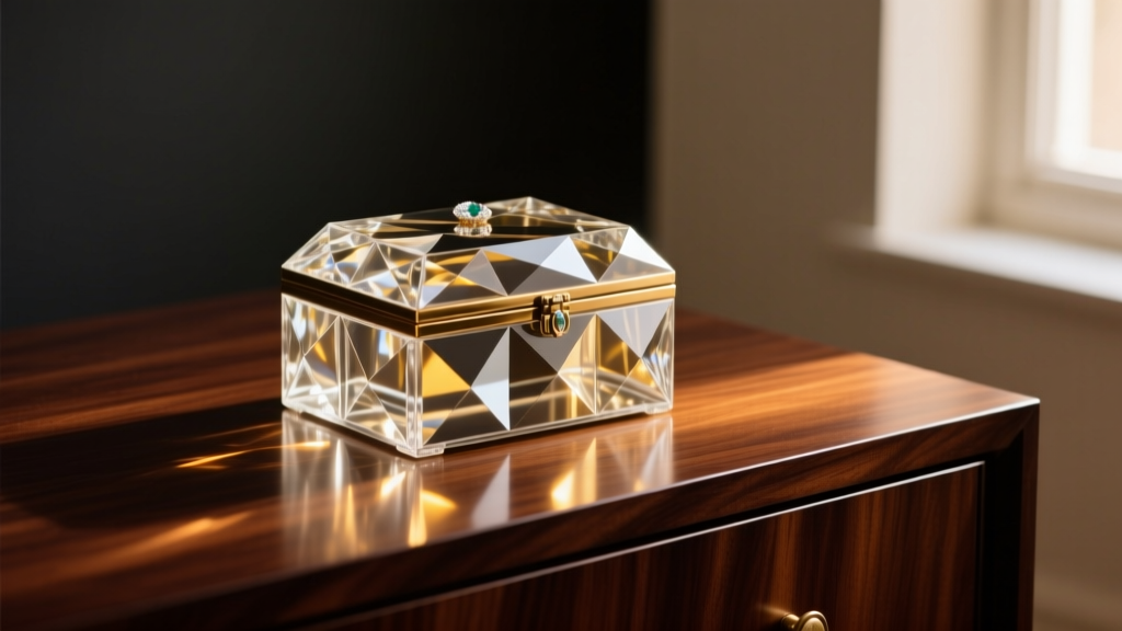 Elegant lead crystal jewelry box with faceted lid on dark mahogany dresser, warm lighting highlighting glass refractions