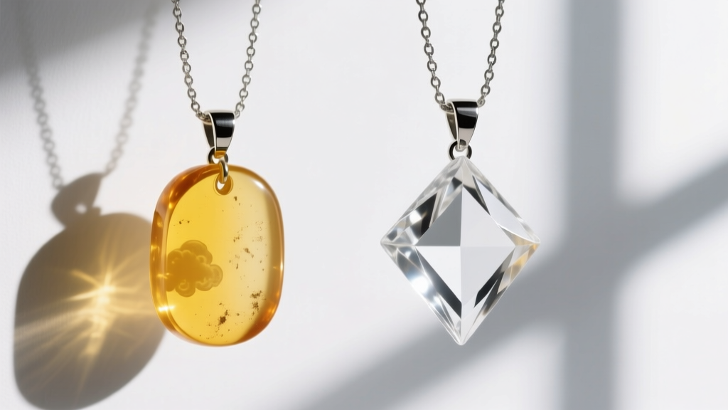 Side-by-side macro comparison of a yellowed UV resin shot glass pendant next to a crystal-clear cast acrylic shot glass pendant.