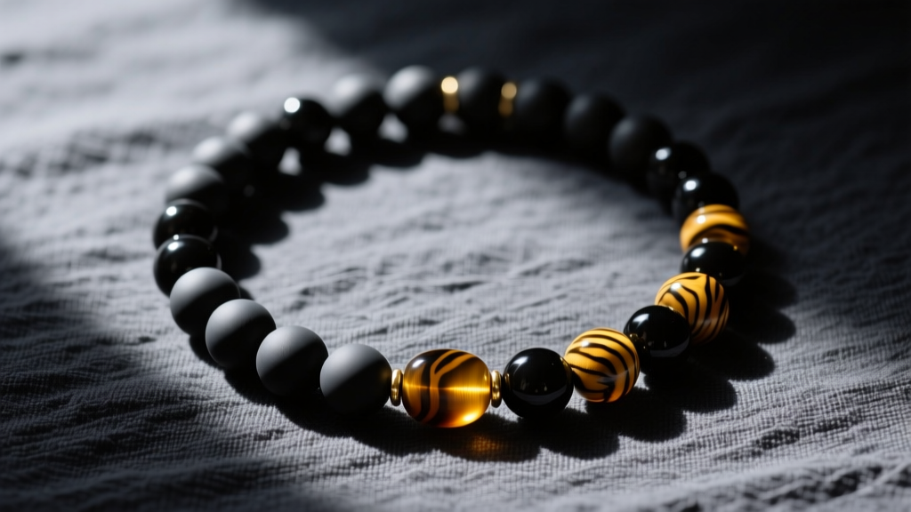 Top-down view of a handmade spiritual beads necklace featuring matte onyx and gold tiger eye stones resting on dark textured linen.