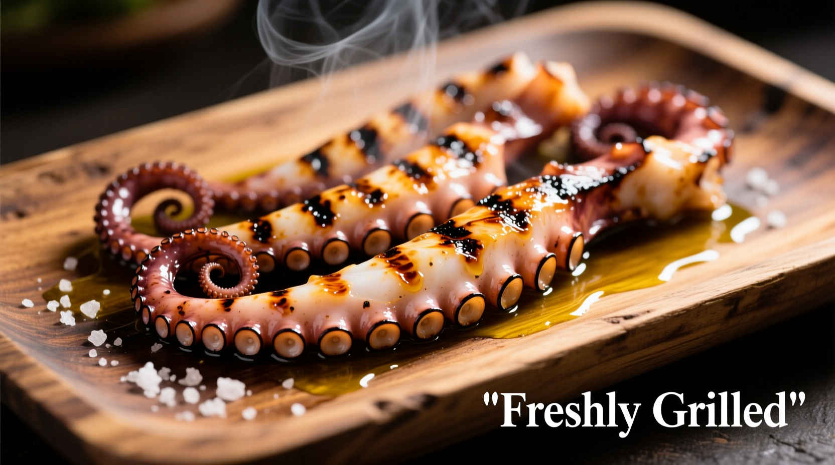 Freshly grilled octopus tentacles on wooden platter