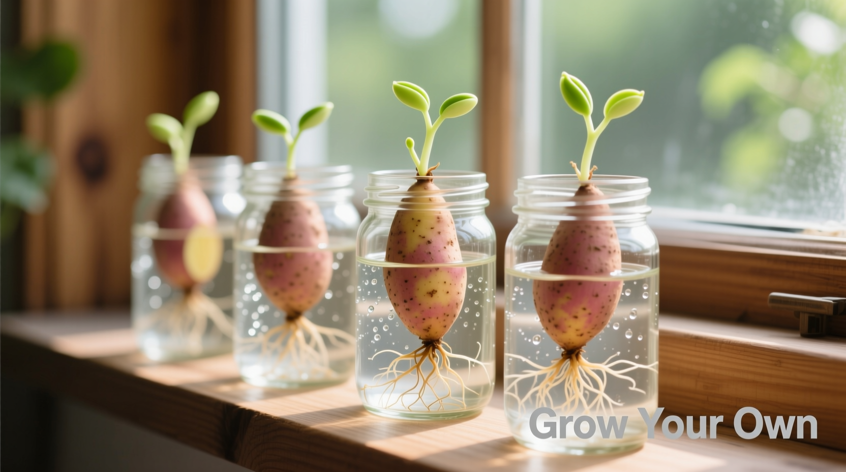 Sweet potato slips growing in water jars