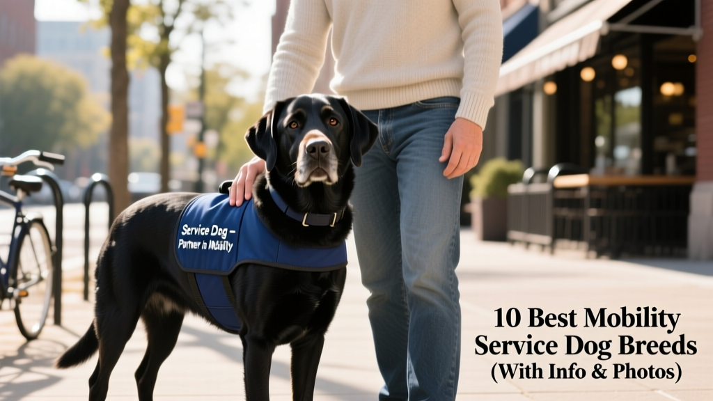 A calm, well-trained Labrador Retriever wearing a service vest, standing attentively beside its handler on a sidewalk