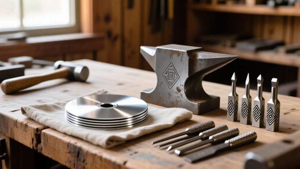 Wooden workbench showing raw silver discs, a steel dapping block, and custom stamping tools for traditional Navajo bead making.