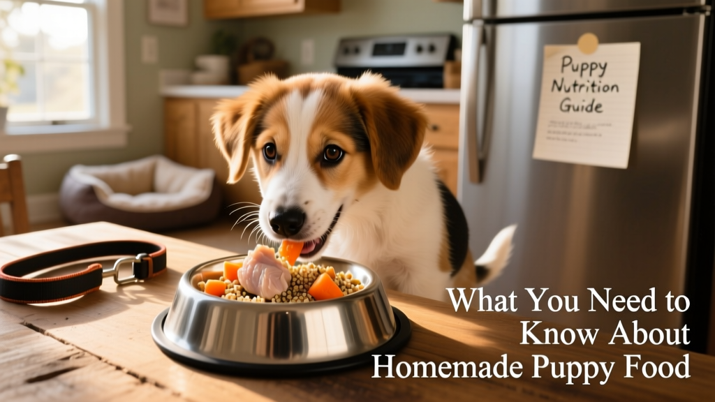 A happy, medium-sized puppy eating from a stainless steel bowl filled with homemade food