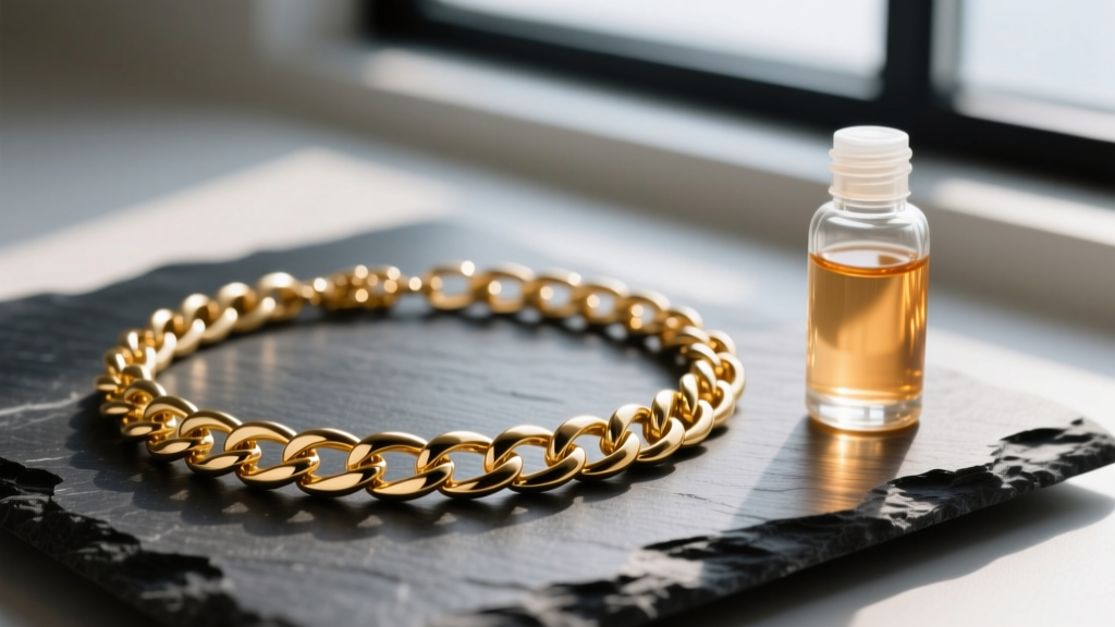 Close-up of a gold-plated chain necklace on dark slate next to a small glass bottle of mild liquid jewelry cleaner.