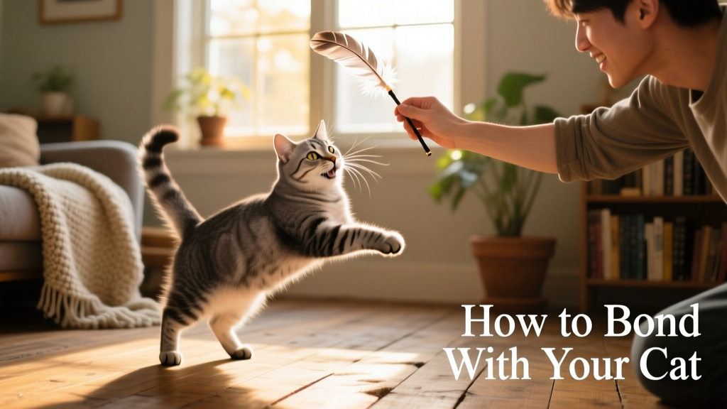 A person gently playing with a cat using a feather wand toy while the cat leaps joyfully