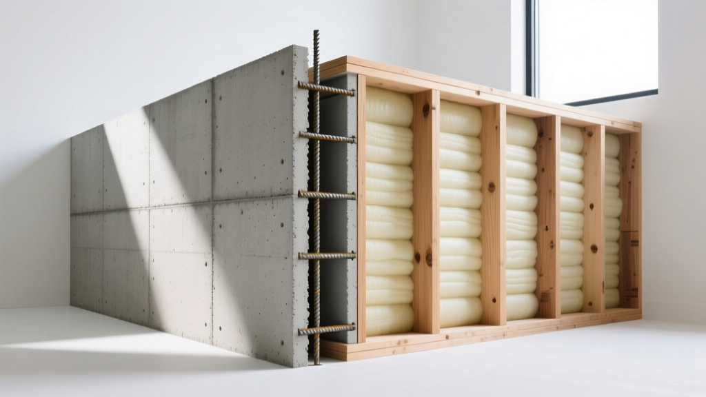 Cross-section of an ICF concrete wall next to traditional wood framing, showing rebar, foam insulation, and 2x6 studs.