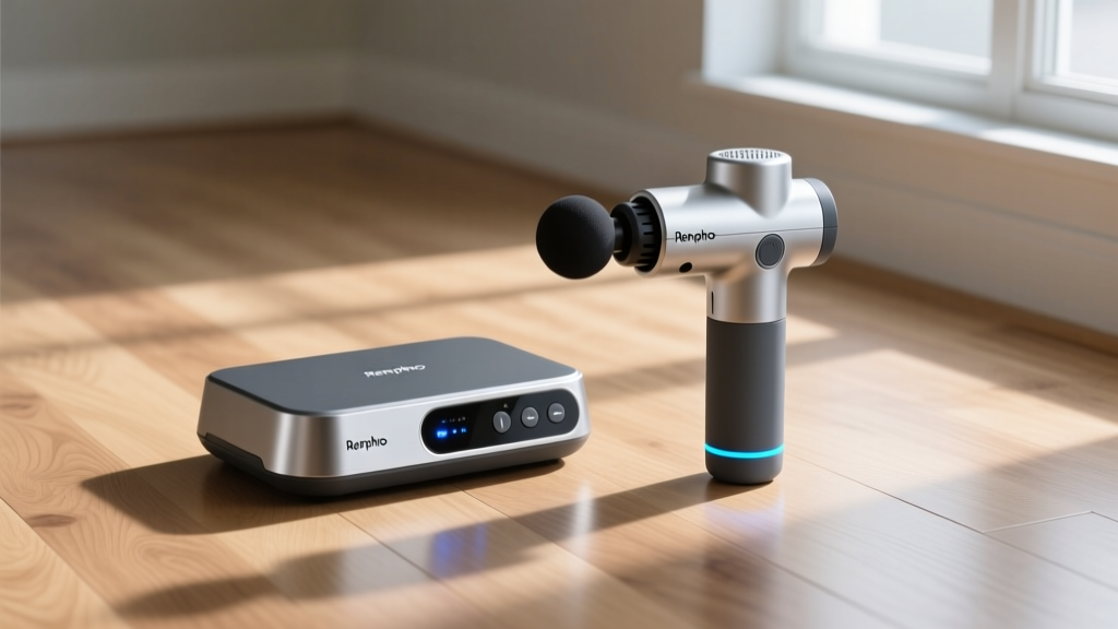 Side-by-side layout of the Renpho cordless compression boot control unit and percussion device on a hardwood floor
