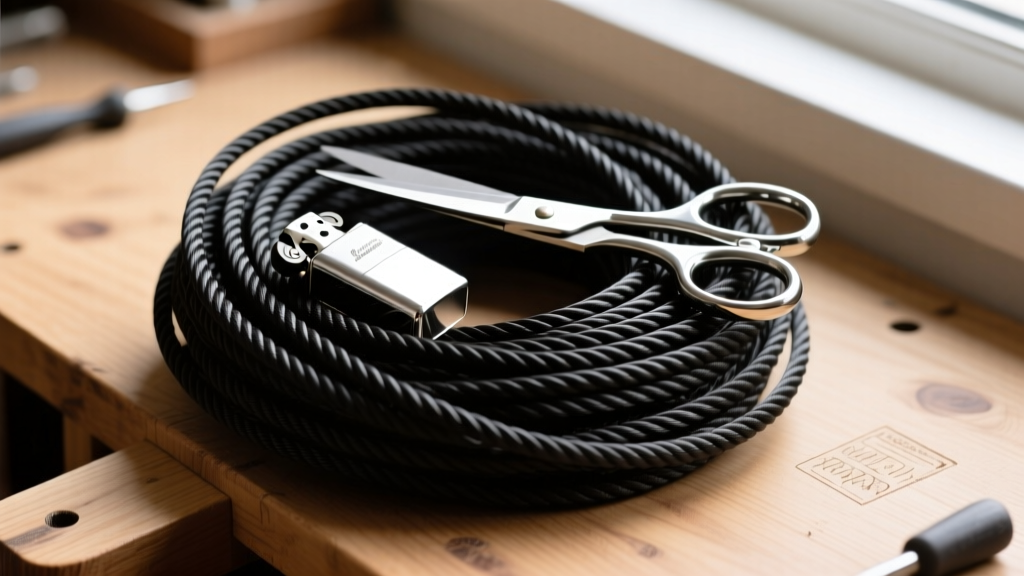 Overlapping black nylon cords being wrapped tightly, with a lighter and scissors resting on a wooden jeweler's bench background.