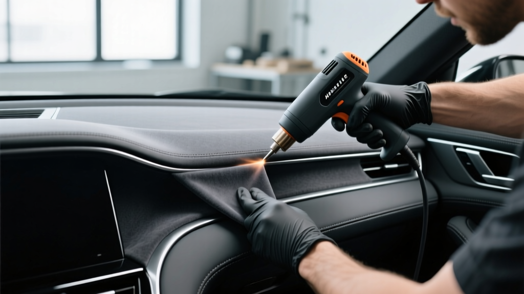 Master trimmer stretching dark grey Alcantara microfiber over a curved automotive dashboard substrate using a heat gun