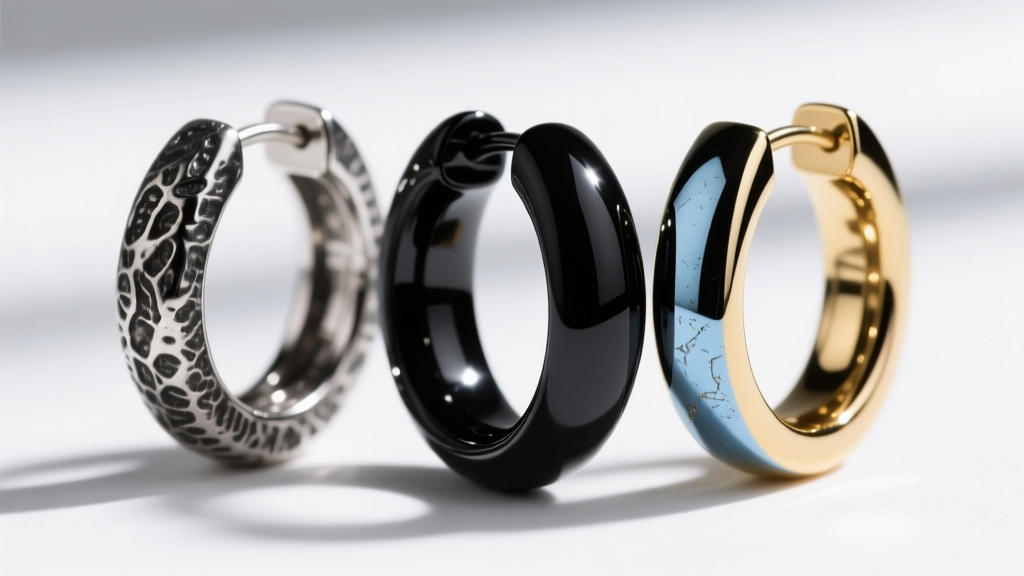 Macro shot comparing oxidized sterling silver, glossy black enamel, and black rhodium plated gold for circle hoop earrings
