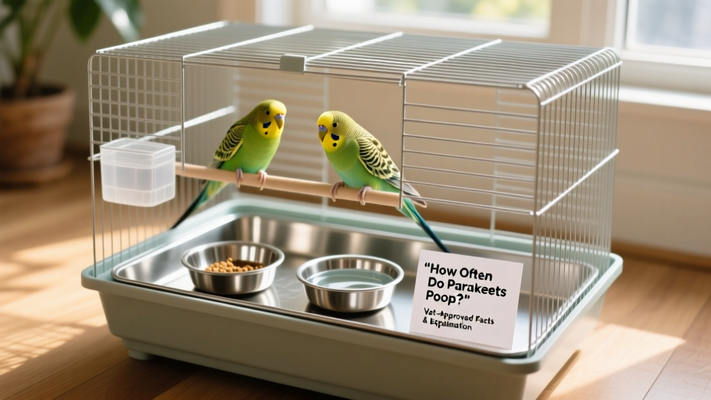 A clean parakeet cage with removable tray liner, stainless steel food dishes, and a shallow water dish—showcasing simple, hygienic setup