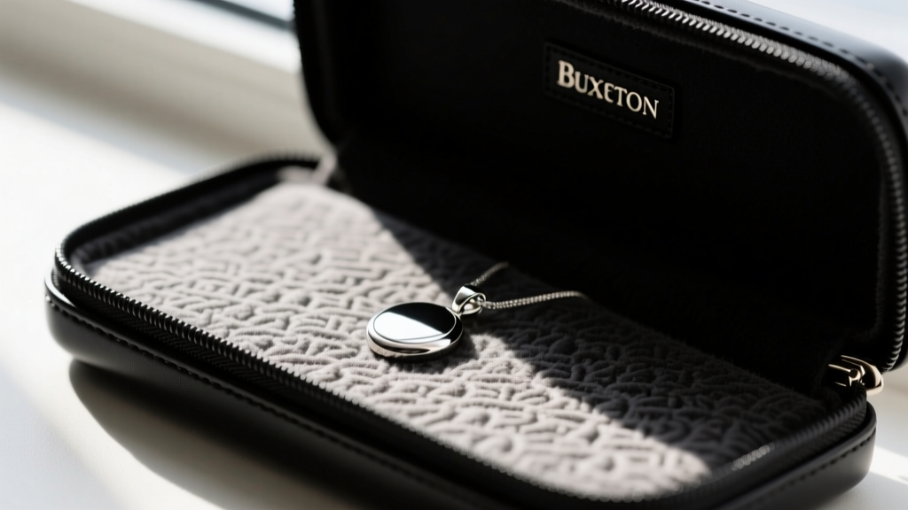 Macro shot of soft anti-tarnish flannel lining inside a black Buxton zippered case, with a silver pendant resting on the fabric.