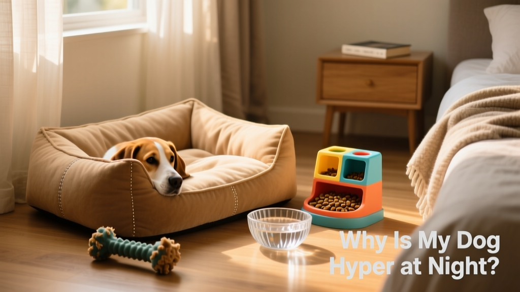 A curated setup showing a cozy dog bed, a chew toy, a puzzle feeder, and a water bowl—all arranged in a quiet corner of a bedroom