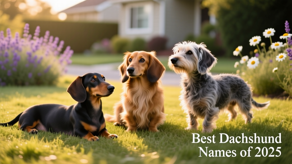 Three Dachshunds of different coat types — smooth, long-haired, and wire-haired — posing together on a sunlit grassy patch