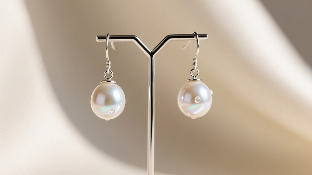 Close-up of elegant simple pearl drop earrings hanging from a minimalist silver display stand against a soft cream background.