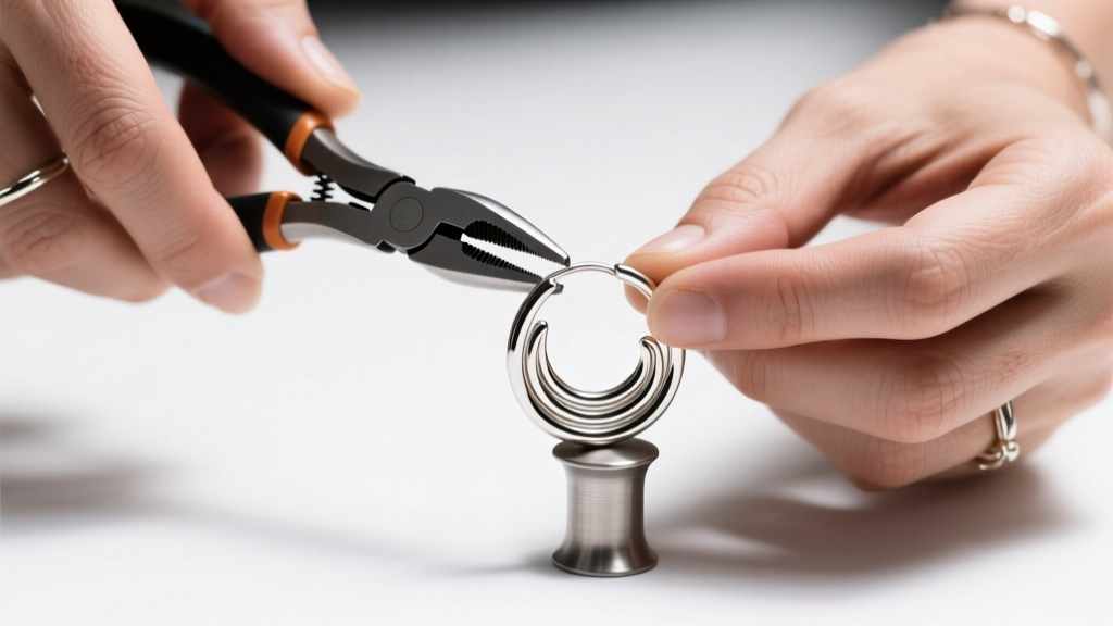 Hands using nylon-jaw pliers to gently reshape a bent 20-gauge sterling silver labyrinth hoop earring over a small steel mandrel.
