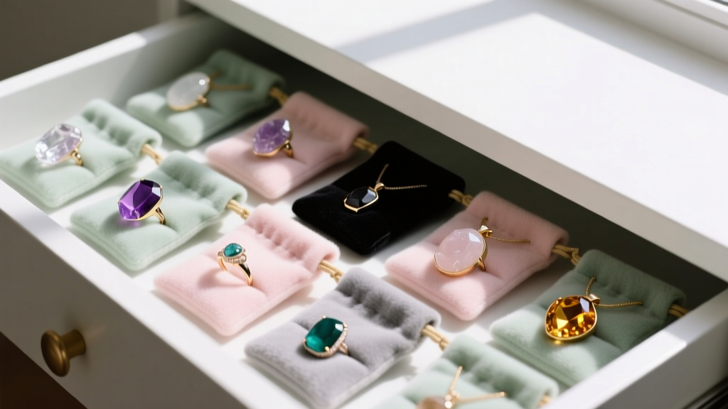Jewelry drawer showing individual soft flannel pouches storing various quartz rings and pendants to prevent surface scratching