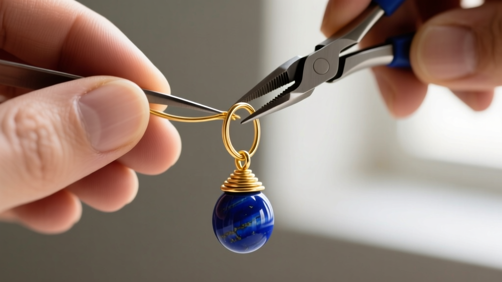 Close-up of hands using jewelry pliers to wrap 24-gauge gold wire around a blue lapis bead to form a secure dangle earring loop.