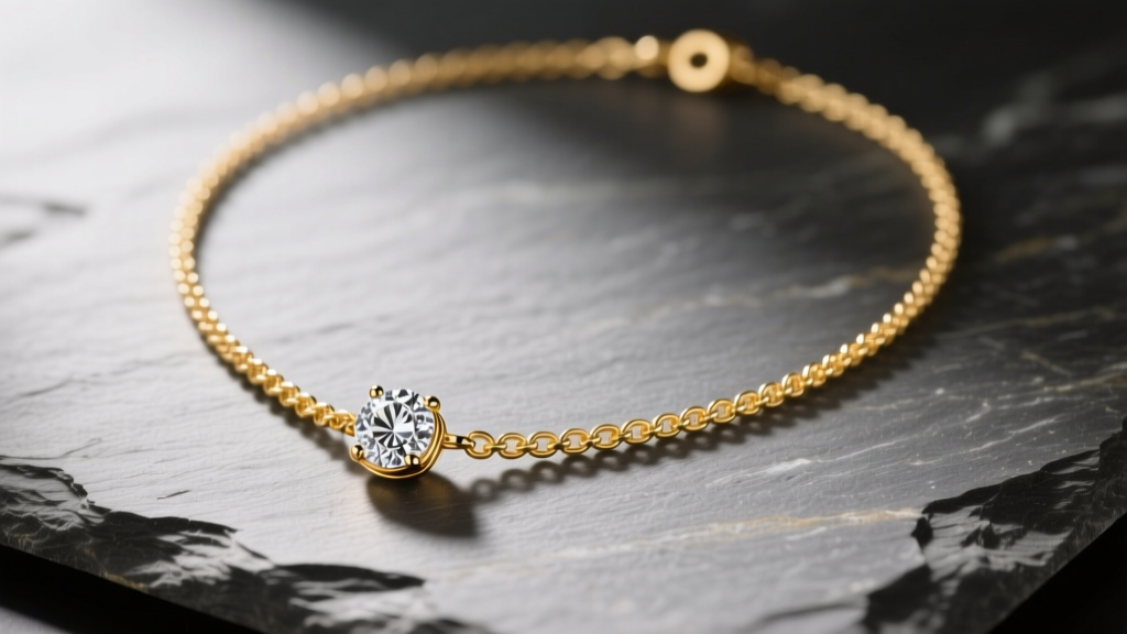 18k gold vermeil LCI necklace with pavé diamond pendant on slate, soft lighting highlighting the delicate 18-inch chain texture.