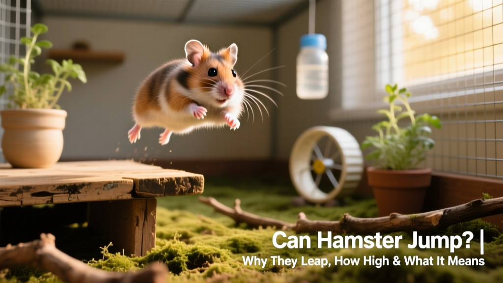 Close-up of a Syrian hamster mid-leap from a wooden platform inside a spacious, naturalistic enclosure