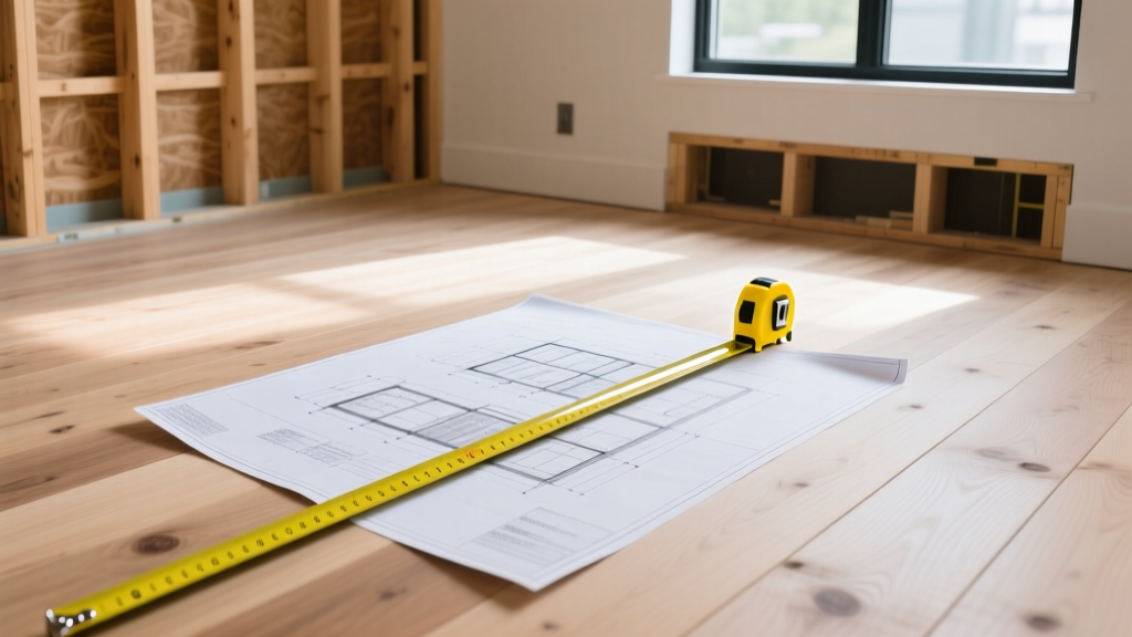 Blueprints and a yellow tape measure on a partially framed 900 square foot house wooden subfloor with exposed floor joists