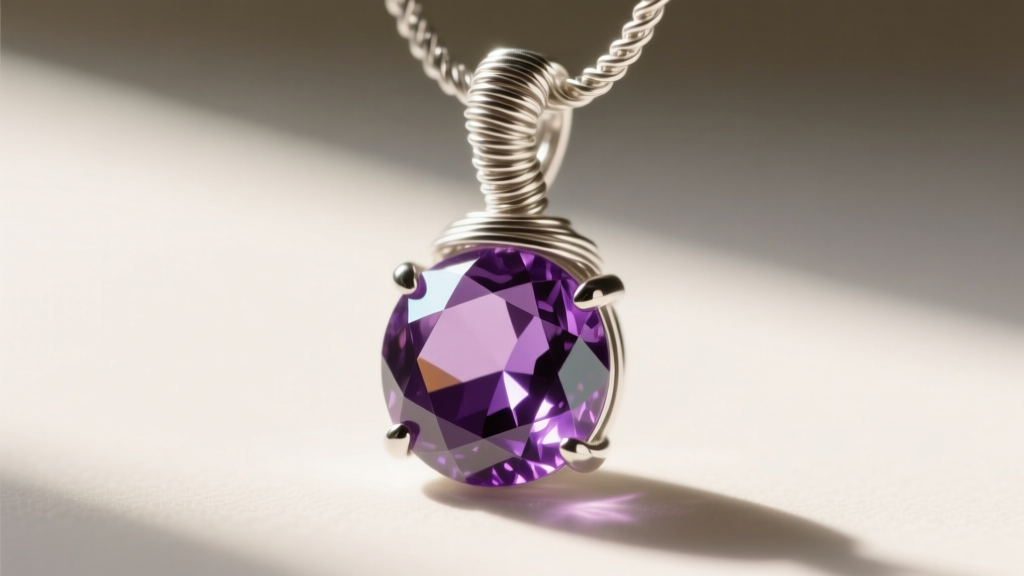 Macro shot of tightly coiled 28-gauge sterling silver wire wrapping around the top of a faceted amethyst briolette pendant.