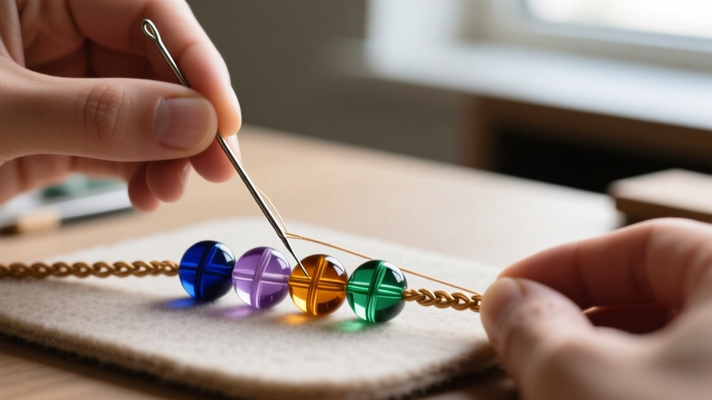 Hands using a size 12 beading needle to restring antique glass seed beads onto braided polyethylene thread over a felt mat.