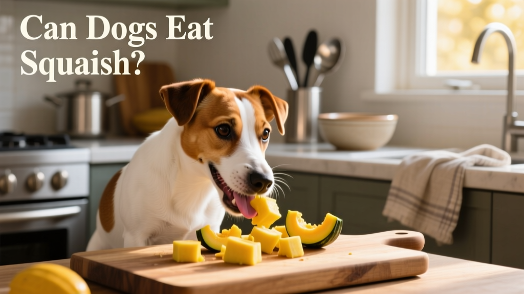 Jack Russell terrier enjoying steamed yellow squash pieces