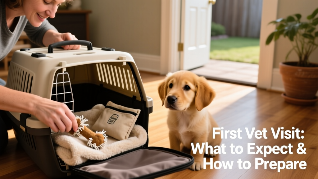 A person packing a soft-sided pet carrier with a cozy towel, chew toy, and treat pouch for a puppy's first vet visit